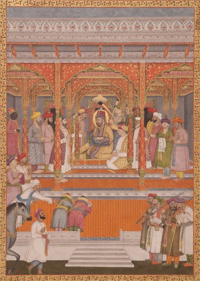 Mirza Md Muazzam Shah Khurram Bakht Bahadur empfängt Saadat Ali, Nawab von Aw, 1803 von Lalji Mal